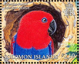 Ovenstående frimærke fra Solomon øerne, der er en stat i Stillehavet i Oceanien, beliggende øst for Papua Ny Guinea og nordvest for Vanuatu, viser en Ædelpapegøje-hun. Af frimærket fremgår ikke, hvilken form for Ædelpapegøje, der er tale om. Imidlertid kommer frimærket fra Solomon øerne, som er Solomon Ædelpapegøjens (Eclectus roratus solomonensis) hjemsted, hvortil kommer, at den blå fjerring om øjet er meget tydelig, så der kan kun være tale om denne underart