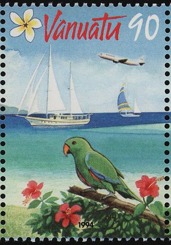 I 1994 udgav det eksotiske ”Bounty Land”, Vanuatu, dette frimærke, som viser en Ædelpapegøje-han. Vanuatu er en stat i Stillehavet i Oceanien, beliggende ca. 1.750 km øst for Australien, 500 km nordøst for Ny Caledonien, vest for Fiji og syd for Solomon øerne. Vanuatu, der har over 200.000 indbyggere, er en tidligere engelsk og fransk koloni og kaldtes i kolonitiden for Ny Hebriderne.
Det helt specielle ved denne ø - samt øen Tonga og muligvis Fiji - er, at der her har levet en for fugleholdere – på artsniveau - totalt ukendt form for Ædelpapegøje, nemlig den Oceaniske Ædelpapegøje (Eclectus infectus), som er uddød. Dens eneste slægtninge er de nulevende former af Ædelpapegøjer (Eclectus roratus). Den Oceaniske Ædelpapegøje havde proportionalt mindre vinger end de nulevende Ædelpapegøje-former. I november 1989 blev der udgravet fossilt materiale fra slutningen af Pleistocæn- og Holocæn-tiden på bl.a. Vanuatu. Resultatet af disse udgravninger er nærmere beskrevet af den amerikanske ornitolog David William Steadman fra Florida Museum of Natural History i 2006, der bl.a. redegør for fuglens knoglebygning. Det menes, at den Oceaniske Ædelpapegøje uddøde på Tonga allerede for ca. 3.000 år siden, formentlig som følge af menneskeskabte faktorer (ødelagte habitater, jagt og indførsel af fremmede arter). På nogen af levestederne menes arten at have overlevet ind i historisk tid, fordi der blandt de tegninger, som blev skabt i 1793 under Alessandro Malaspina’s Stillehavsekspedition, var en skitse, der formodes at være motivet af den Oceaniske Ædelpapegøje (Eclectus infectus)
